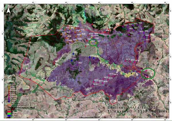 T&iacute;tulo: Extens&atilde;o da &aacute;rea queimada e sequ&ecirc;ncia de focos de calor dentro da TI Maxakali. Mapa: Programa Arboretum - Descri&ccedil;&atilde;o: Extens&atilde;o da &aacute;rea queimada e sequ&ecirc;ncia de focos de calor dentro da TI Maxakali. Mapa: Programa Arboretum